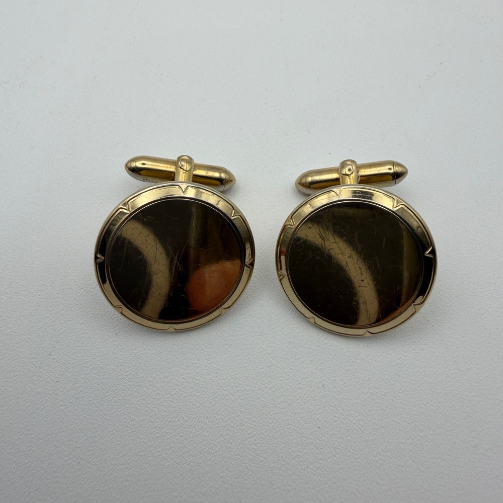 Swank Circular Cufflinks Mens Gold Tone Vintage Notched Border Mid Century